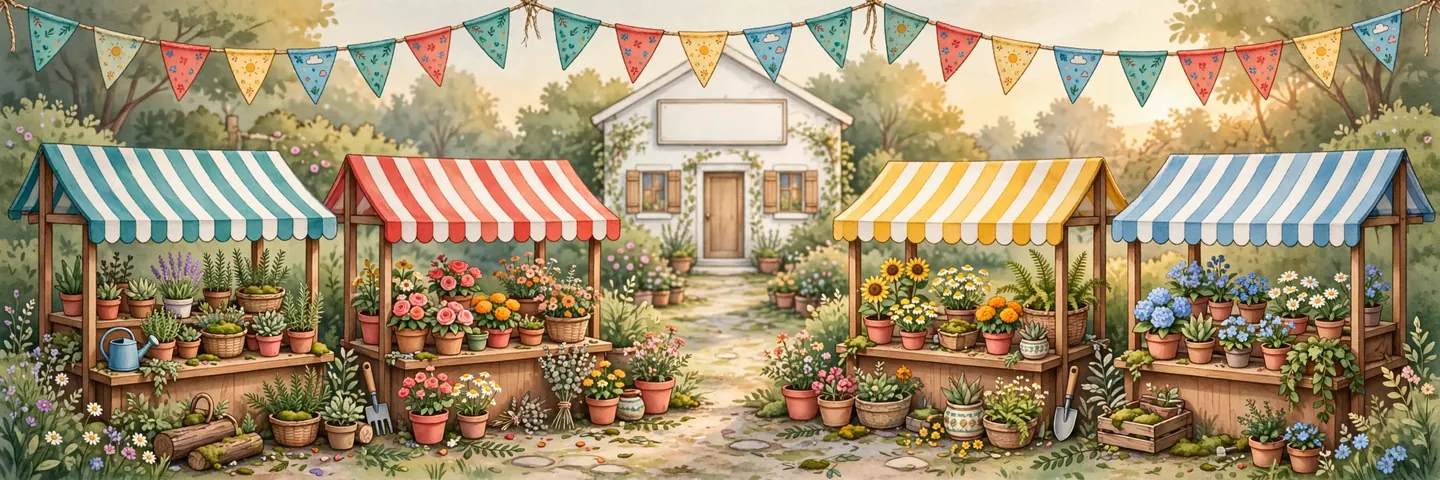 The clinic garden fair — four stalls under bunting